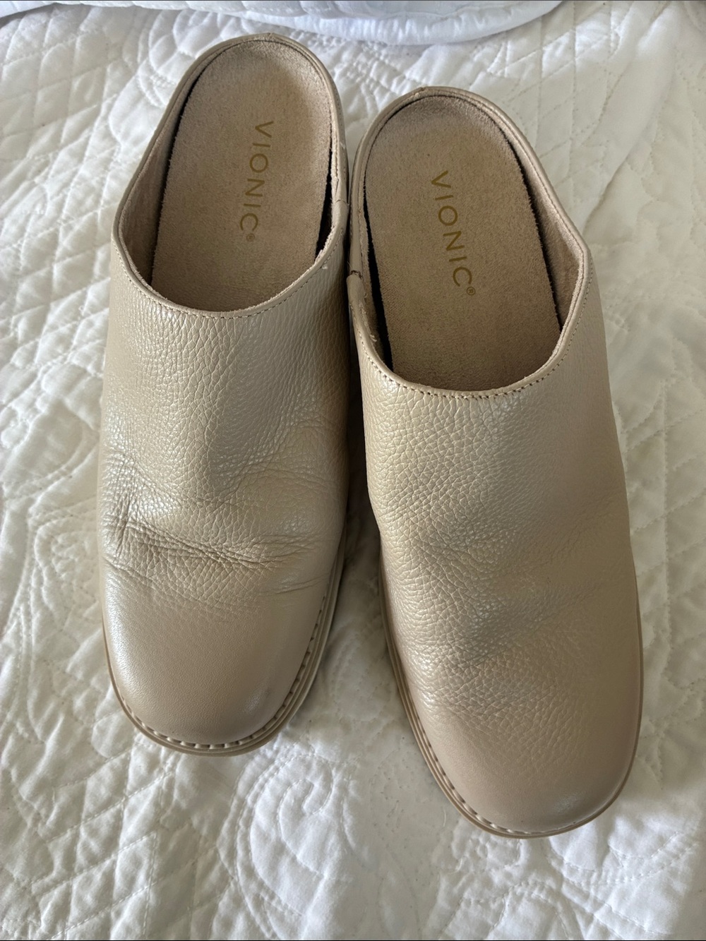 Vionic Taupe Leather Slip-On Mules